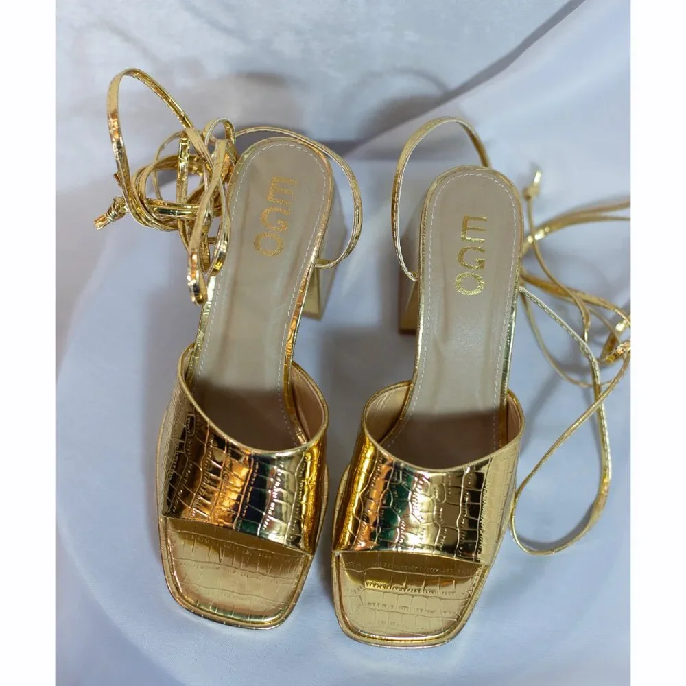 EGO Dreamer Womens Gold Croc Block Platform Heels Shoes Lace Up Size US 8M